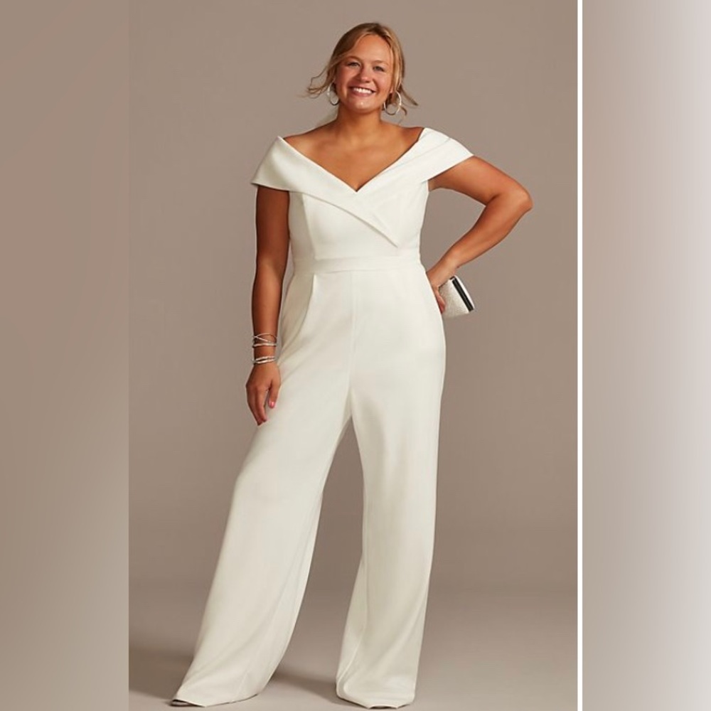 Brand new OFF-THE-SHOULDER CREPE
WIDE-LEG JUMPSUIT, SOFTWHITE, 26W